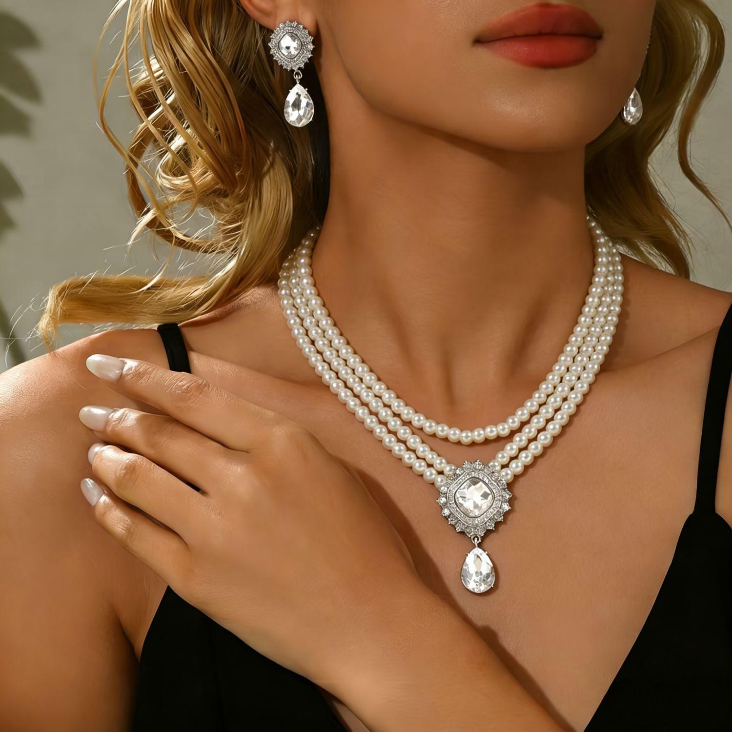 

Three-layer pearl bracelet necklace, earrings, multi-layer imitation pearl necklace, dress accessories, women s high-end jewelry set