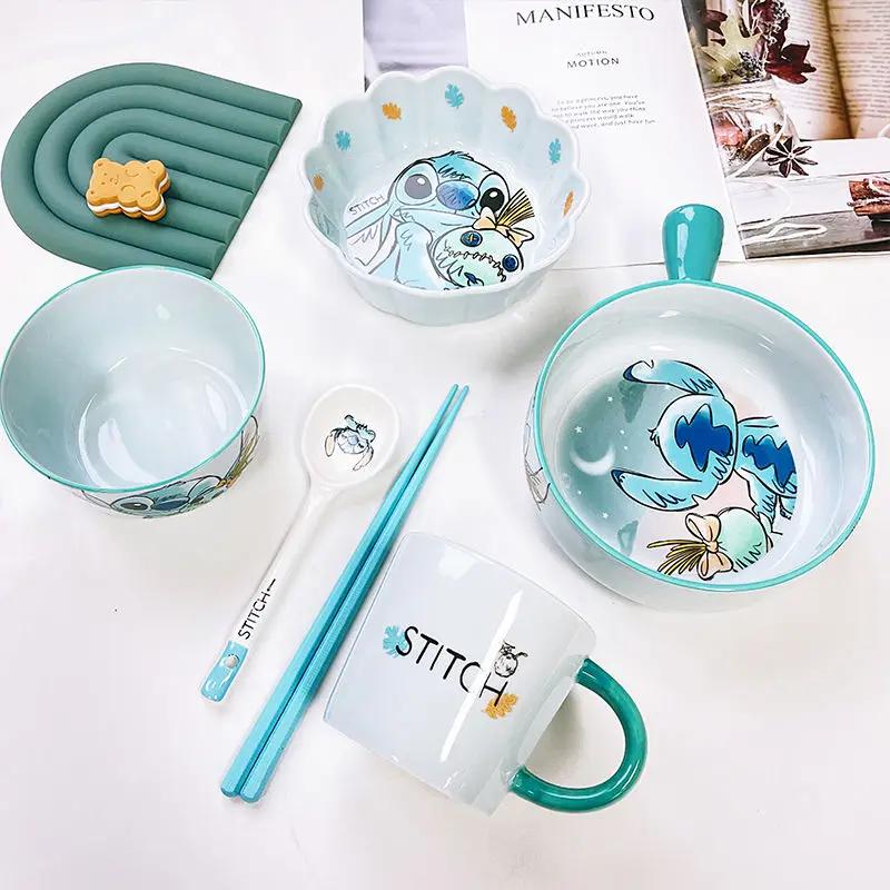 Disney Stitch Tableware Set Household Cartoon Ceramic Rice Bowl Spoon Chopsticks Rice Bowl Cute Children's Gift