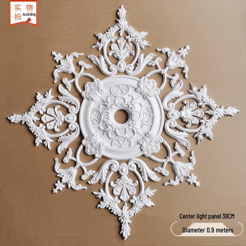 Французский круглый потолочный медальон из ПУ: Световая панель и основа для люстры с имитацией лепнины.