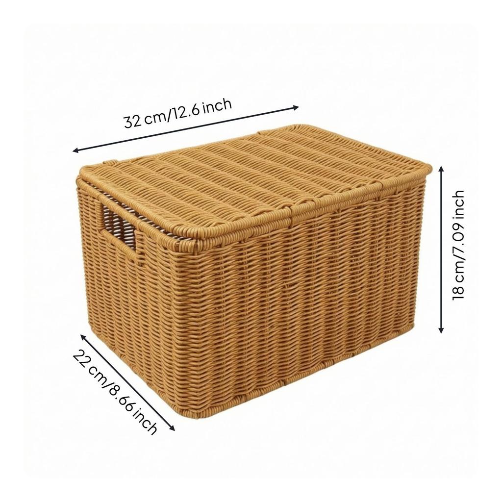 Wicker Storage Basket with Lid Rectangular Woven Space-Saving
