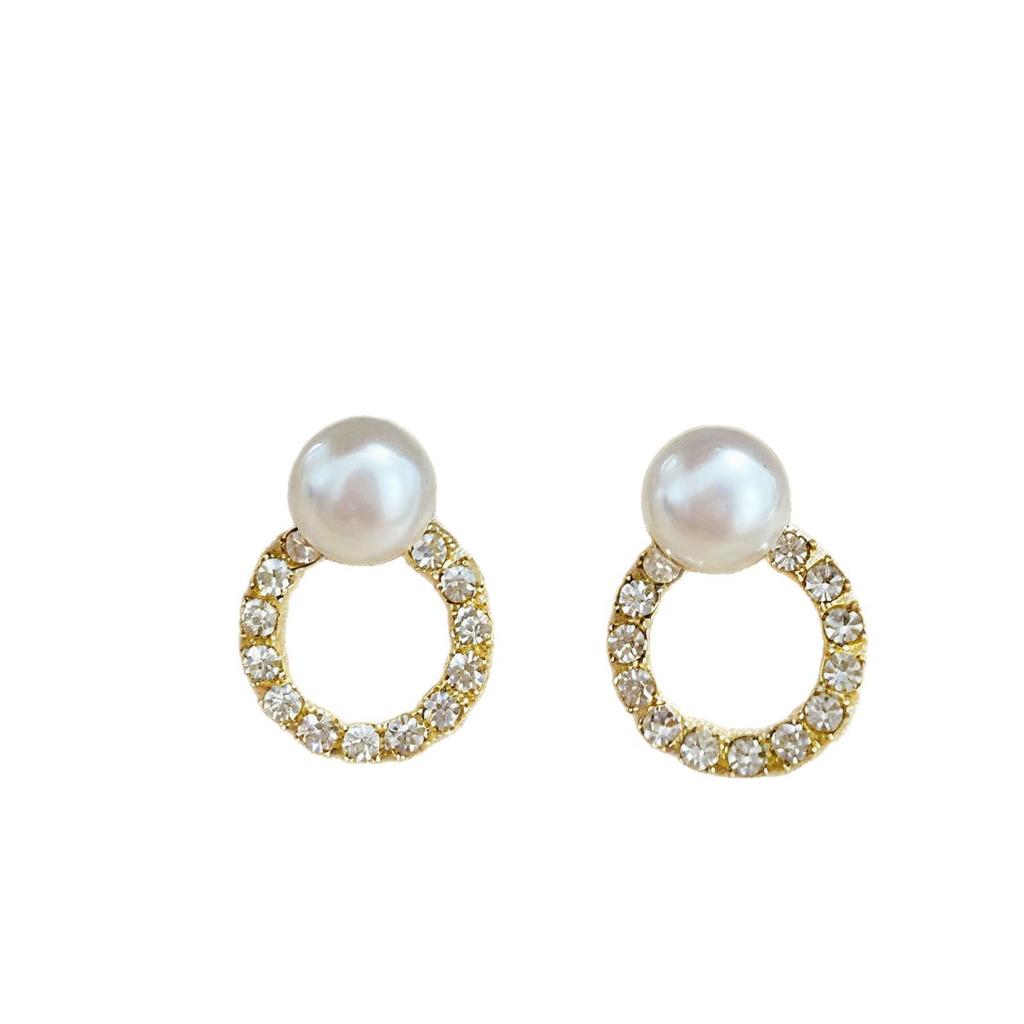 Korean Style Rhinestone Circle Pearl Women's Stud Earrings – Elegant Daily Wear