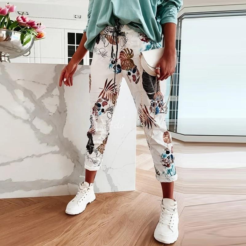 Spring Summer New Flower Print Long Pants Fashion Lace-Up Elastic Waist Sport Trousers Casual Women Pocket Sweatpants Streetwear