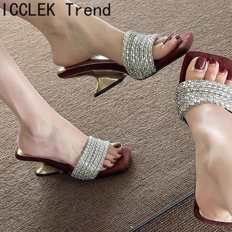 Designer Summer Strange Style Women Slippers Fashion Crystal Square Toe Slide Ladies Party Dress Sandalias