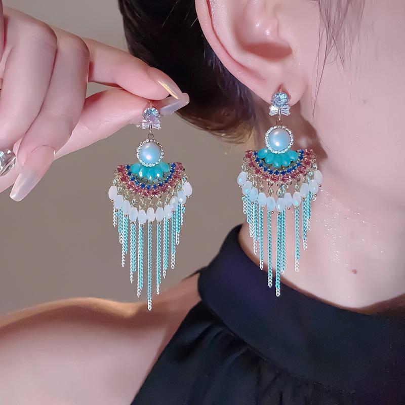 2025 Diamond Geometric Flower Tassel Earrings – Korean Cold Style, Light Luxury for Women