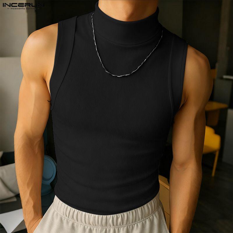 INCERUN Men Sleeveless Solid Color Fitted Ribbed Casual Tank Tops Vest