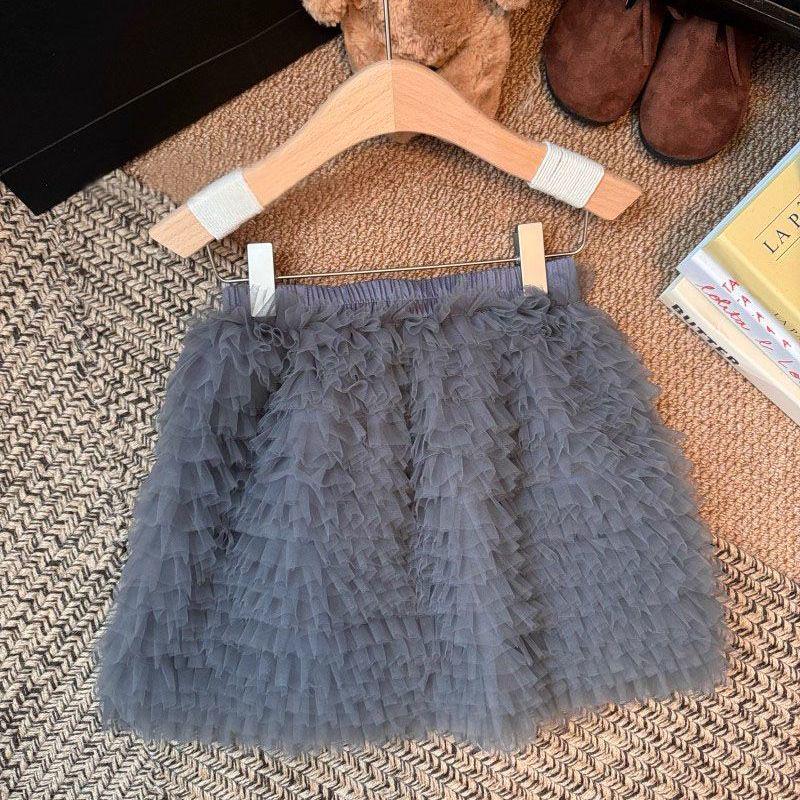 Korean-Style Brown Layered Mesh Patchwork Skirt - Women s 2025 Trendy Short Sweet Cool Skirt One Size серый