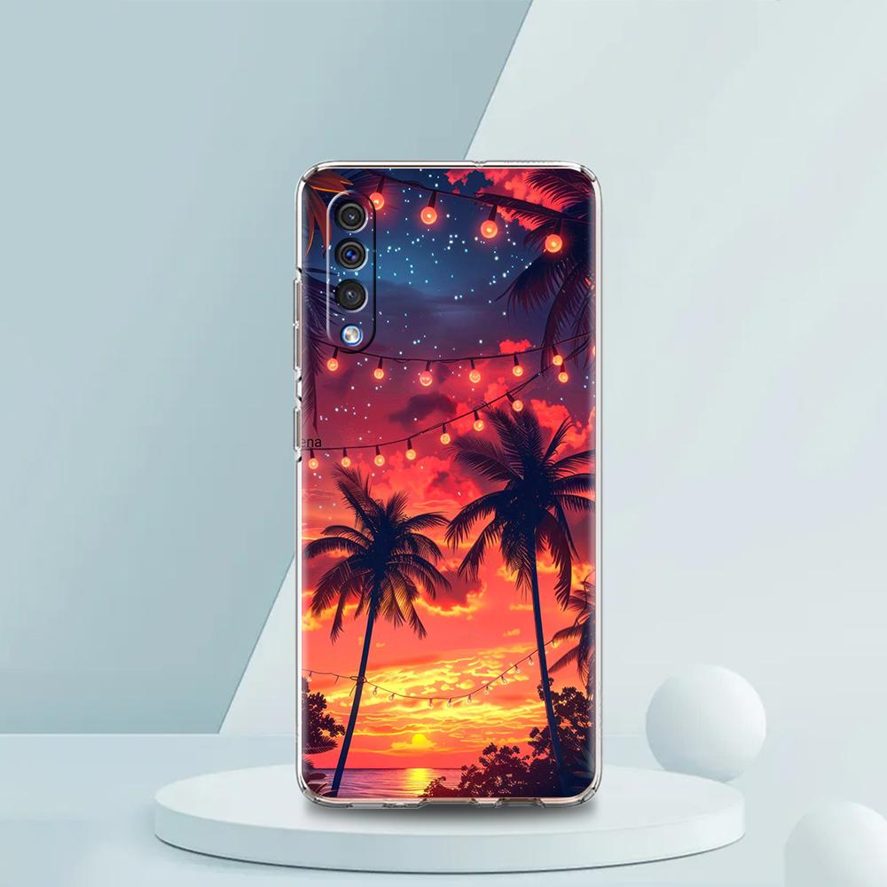 Transparent Phone Case for Samsung Galaxy A16 A14 A12 A22 A24 A42 A02 A06 A20 A30 A40 Soft TPU Cover Sunset Coconut Tree Pattern