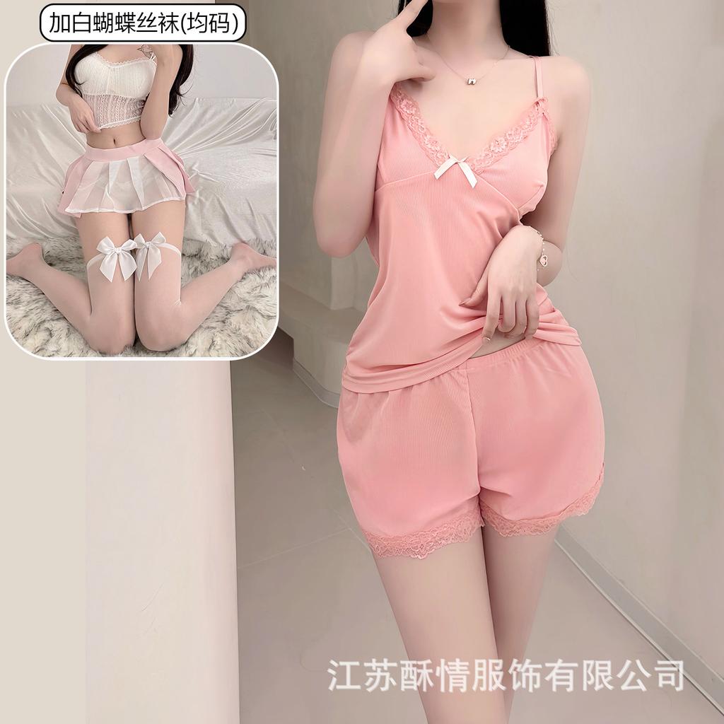 Crispy new suit suspender plus shorts lace red edge pink home bow solid color girl heart