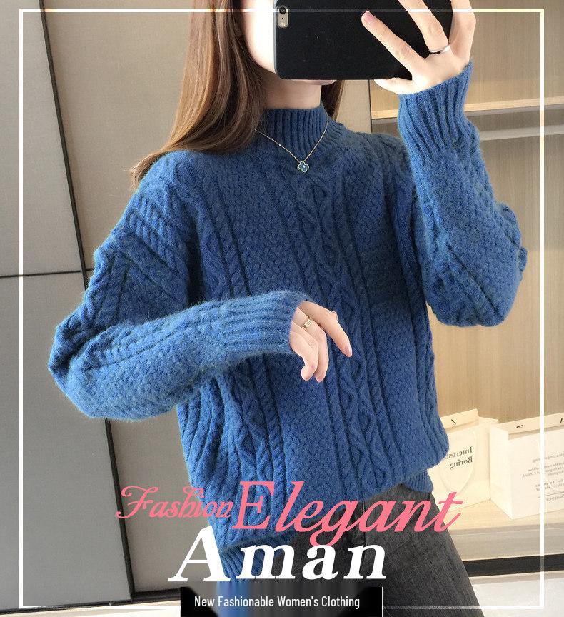Women's High-Neck Cable Knit Sweater, 2021 Loose Fit Korean Style for Autumn and Winter
