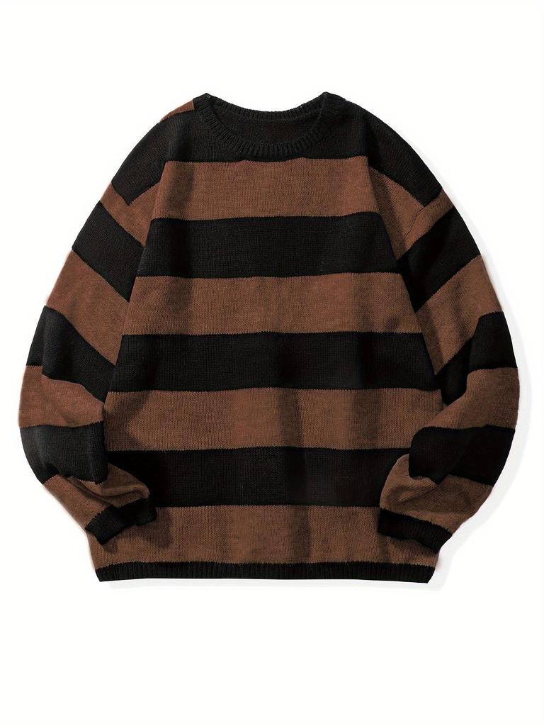 Men's Retro Wool Knitwear: Color Block Striped, Round Neck, Soft & Cozy, Loose Fit, Autumn/Winter Edition.