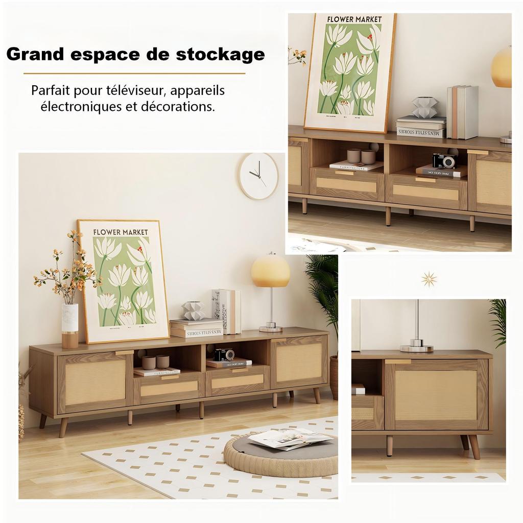 (=N625P237970971A)TV Stand, 200*37*49 cm, Plastic Rattan Design TV Stand, Solid Wood Legs TV Stand, Rattan TV Panel