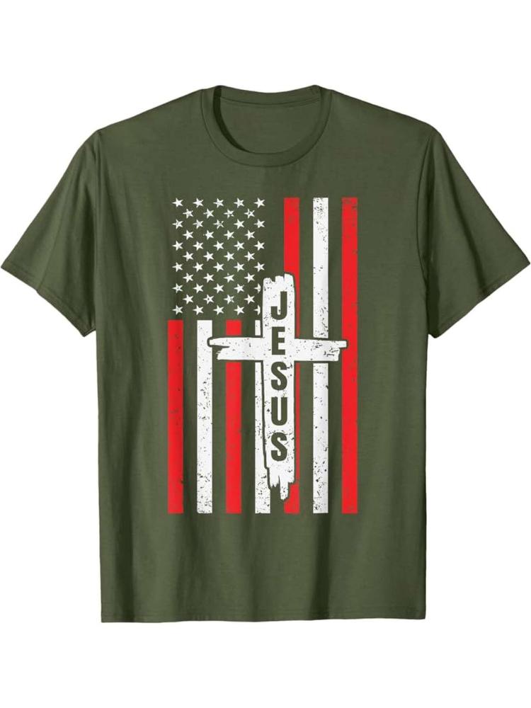 American Flag Jesus Christ FaithUSA Patriotic Design with Jesus Cross designcotton Oneck short sleeve printed mens Tshirt