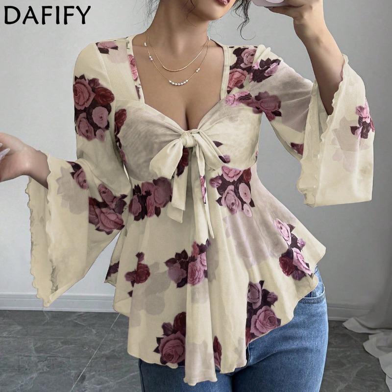 DAFIFY Women's Fashion Casual Spring Autumn Flower Pattern Print Long Sleeve V-Neck Blouses & Shirts
