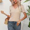 Sommer Damen Tops Kurzarm Pullover Strickwaren Einfarbig Revers Strickwaren