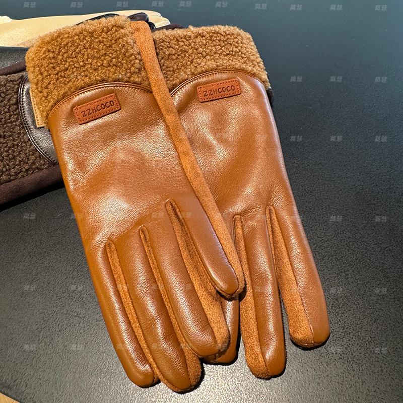 2025 leather gloves women's warm velvet thickened winter driving gloves