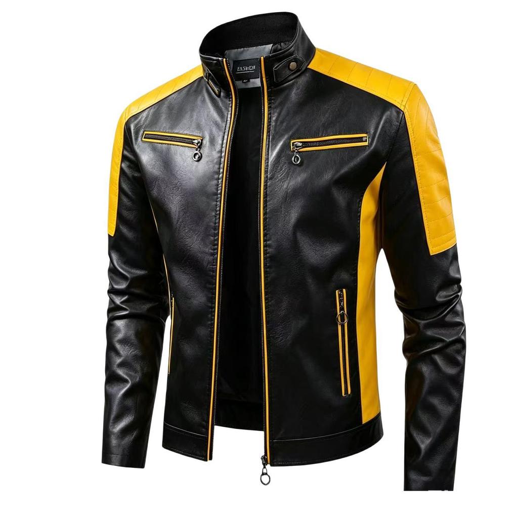Spring and autumn recreational locomotive splicing leather jacket men's stand-up collar retro thermal leather jacket