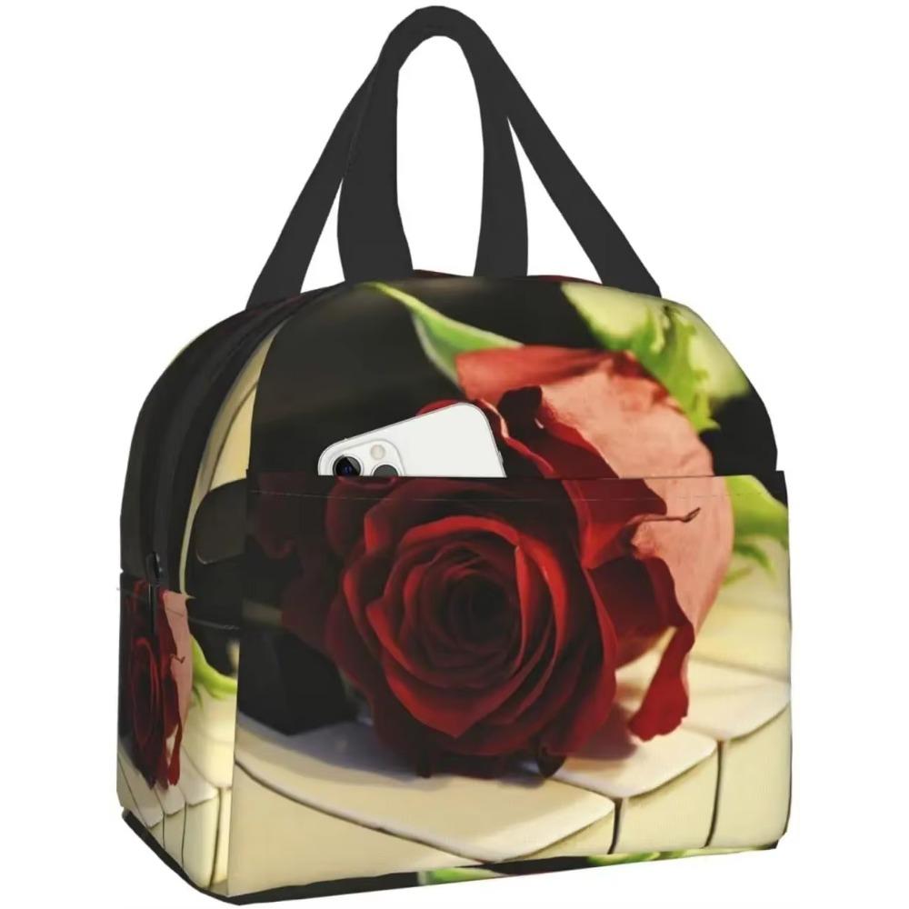 Red Rose Flowers On Gray Lunch Box Travel Bag Reusable Insulated Cooler Lunch Bags Girls Men Funny Picnic Tote Bag