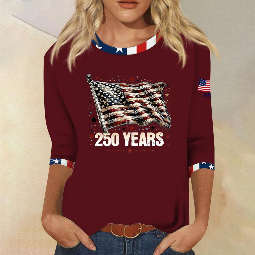 Women's Fashion Casual Seven-Sleeve Independence Day Print Round Neck Top