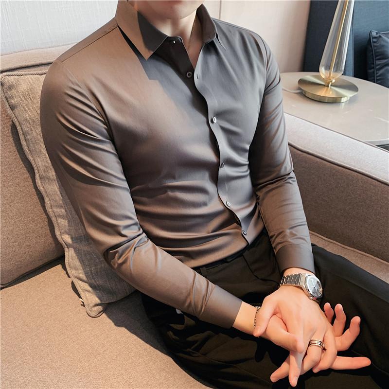 British Style Men Dress Shirts Long Sleeve Business Formal Wear Slim Fit Casual Office Shirt
