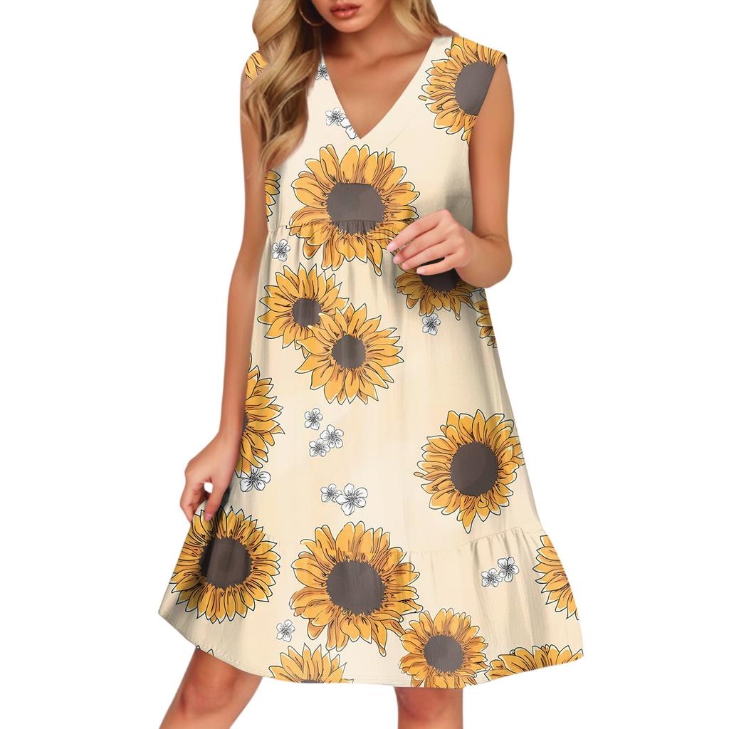 Women's Casual Fashion Breathable V-neck Vest With Pockets Floral Holiday Dress
