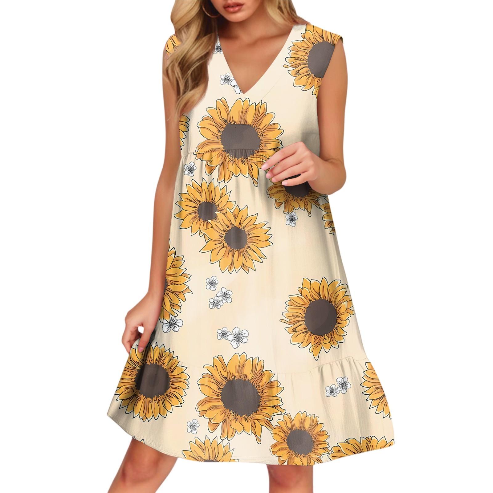 

Women s Casual Fashion Breathable V-neck Vest With Pockets Floral Holiday Dress M жовтий