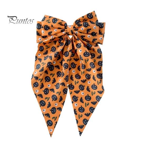 Pumpkin Hairpin Halloween Silky Satin Hair Bows, Big Ribbon Bow Clips, Oversized Long Tail Barrettes, Clip Cute Ghost Witch Hat Spider Web Hairpins