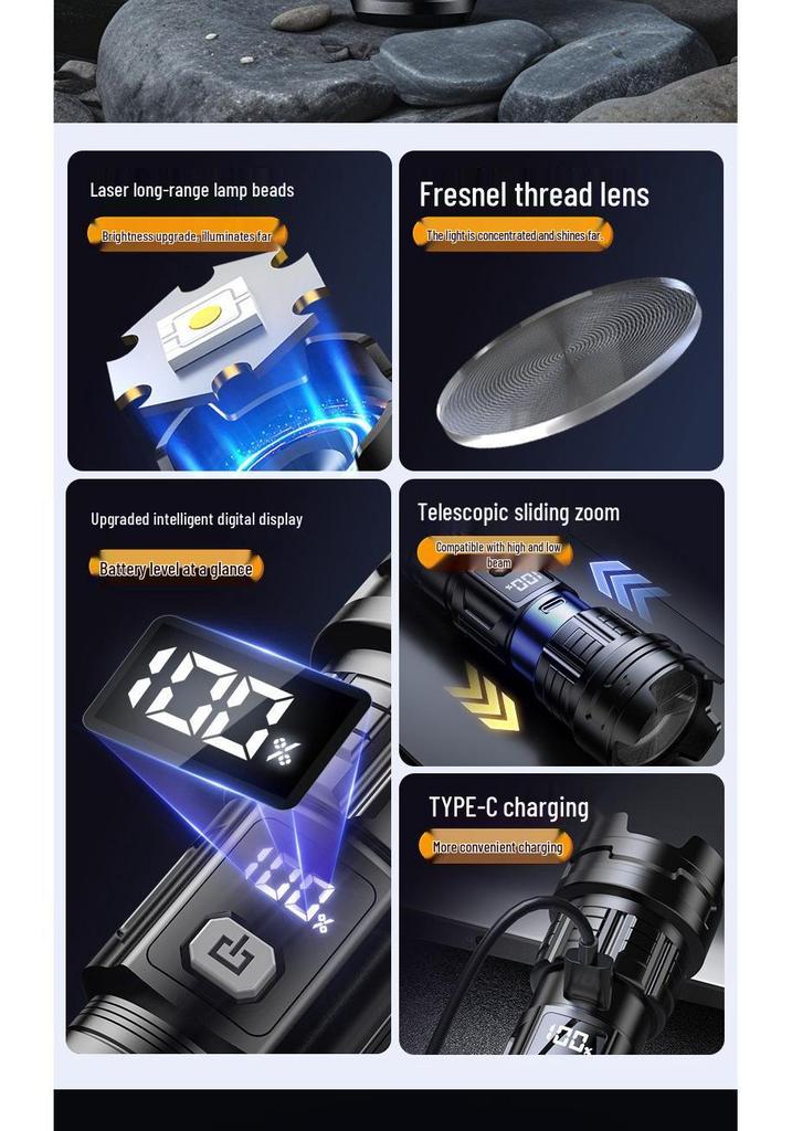 Portable Super Bright Long-Range Flashlight with Three-Gear Adjustment & Power Display