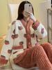 Süßes Pyjama-Set aus geripptem Fleece mit Erdbeer-Print, gemütliches und warmes Langarm-Oberteil mit V-Ausschnitt und elastischer Hose, Nachtwäsche und Loungewear für Damen