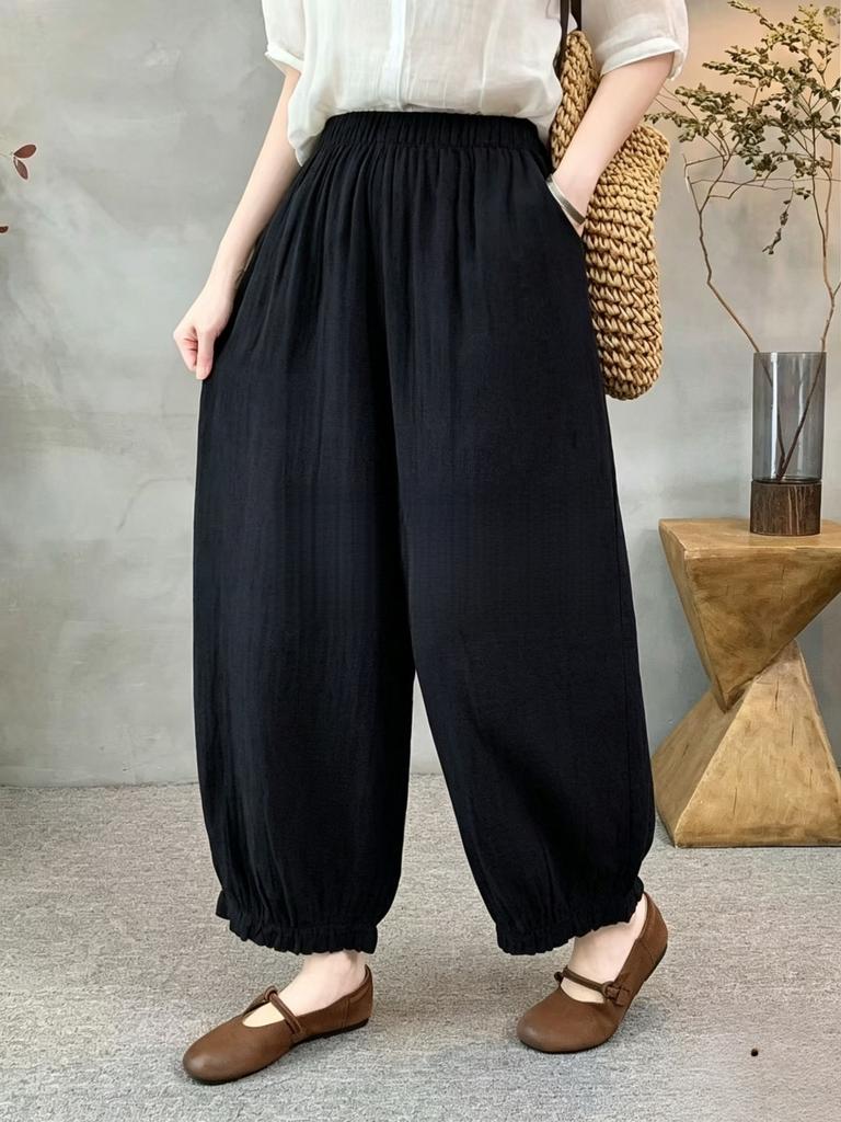 Women's Elastic Waist Balloon Pants Loose Fit Japanese Style Double Gauze Cotton Nine Quarter Casual Trousers