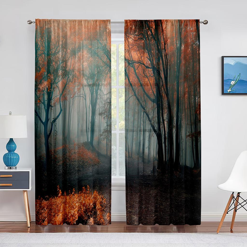 Trees Forest Mystic Foggy Nature Woodland Sheer Voiles Curtain for Living Room Bedroom Kitchen Decor Tulle Curtains Window Drape