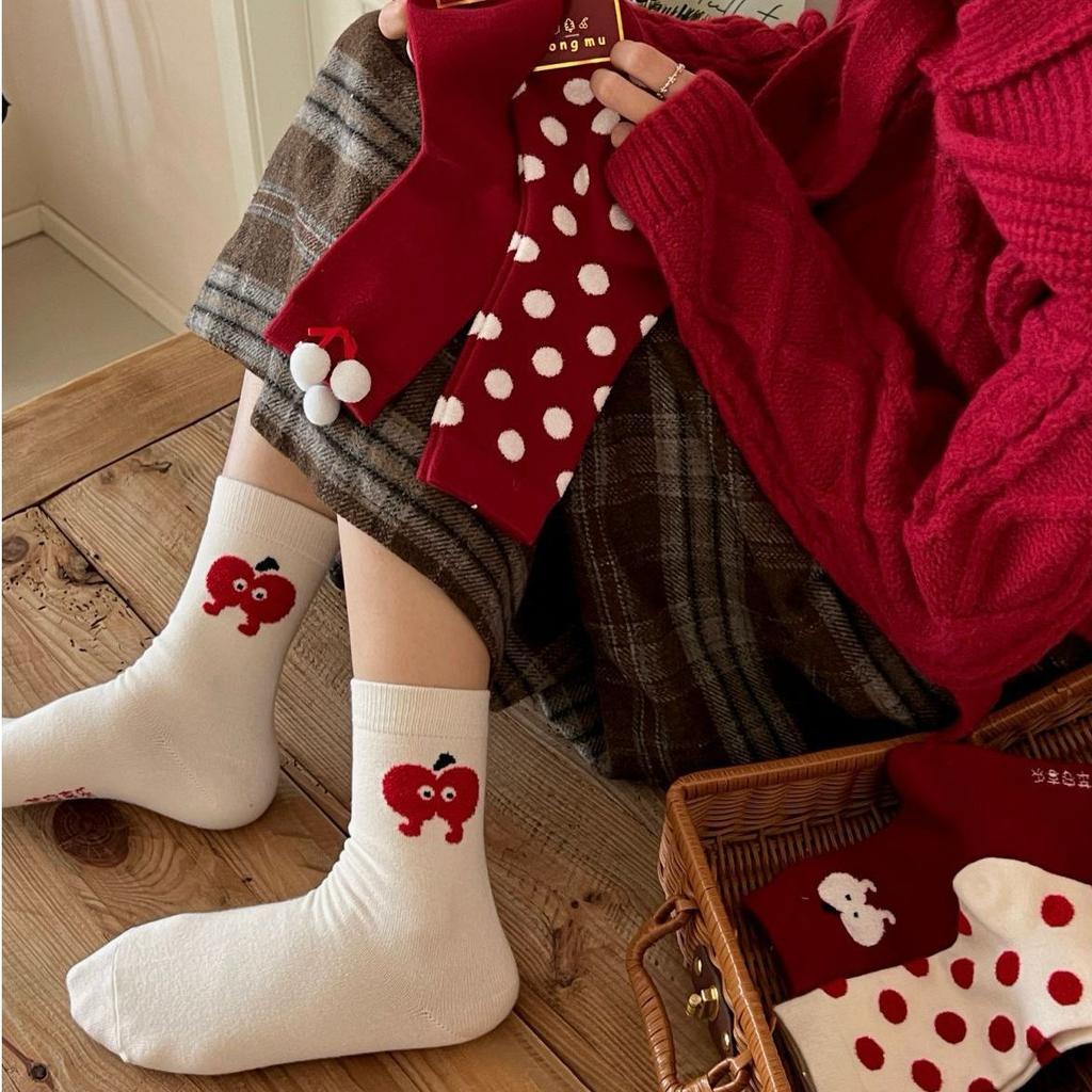 Songmu'S Ping An Xile Red Socks Polka Dot Medium Socks New Year'S Red Sox Niche Design Socks