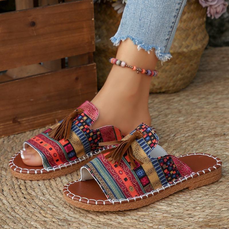 Women's Wide Width Bohemian Slides, Fringe Detail Flat Sandals, Outdoor Beach Slippers for Women