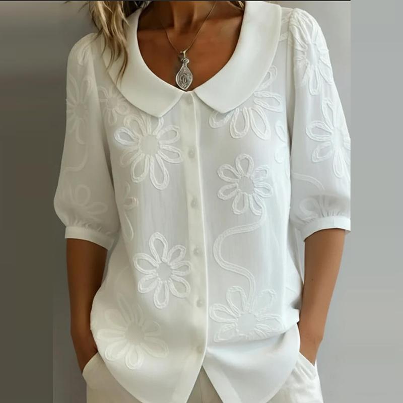 

Elegant Flower Printed Shirts For Women Turn Down Collar Half Sleeve Blouses Women Summer Shirts Office Lady Tops XL білий