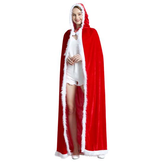 Fur Ball Decor Hooded Flurry Trim Lace-up Christmas Cloak Women Long Type Thick Warm Xmas Cape Party Costume