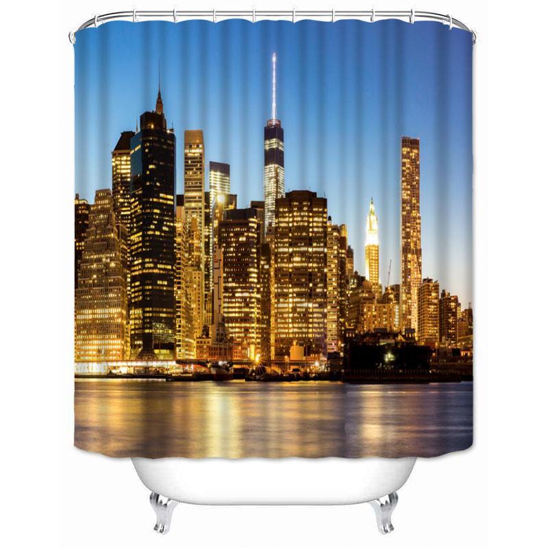 New York City Skyline Building Night View Shower Curtain Modern Bathroom Curtain Polyester Fabric Bath Curtain With Hooks