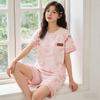 Summer comfortable crew neck pajamas for women, striped cartoon short-sleeve three-piece loungewear, in stock, direct order