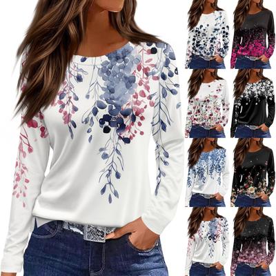 Women's Fashion Casual Slit Hem Round Neck Long Sleeve Loose  Printed T-Shirt Ladies Top
