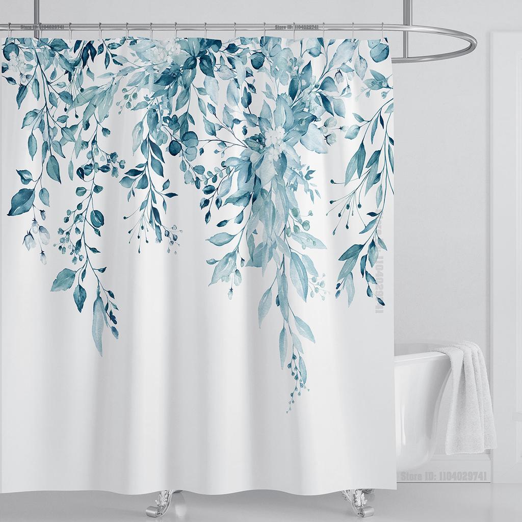 Emerald Green Eucalyptus Shower Curtain Fabric, Watercolor Plant Leaves with Floral Bathroom Shower Curtain Set with Hooks
