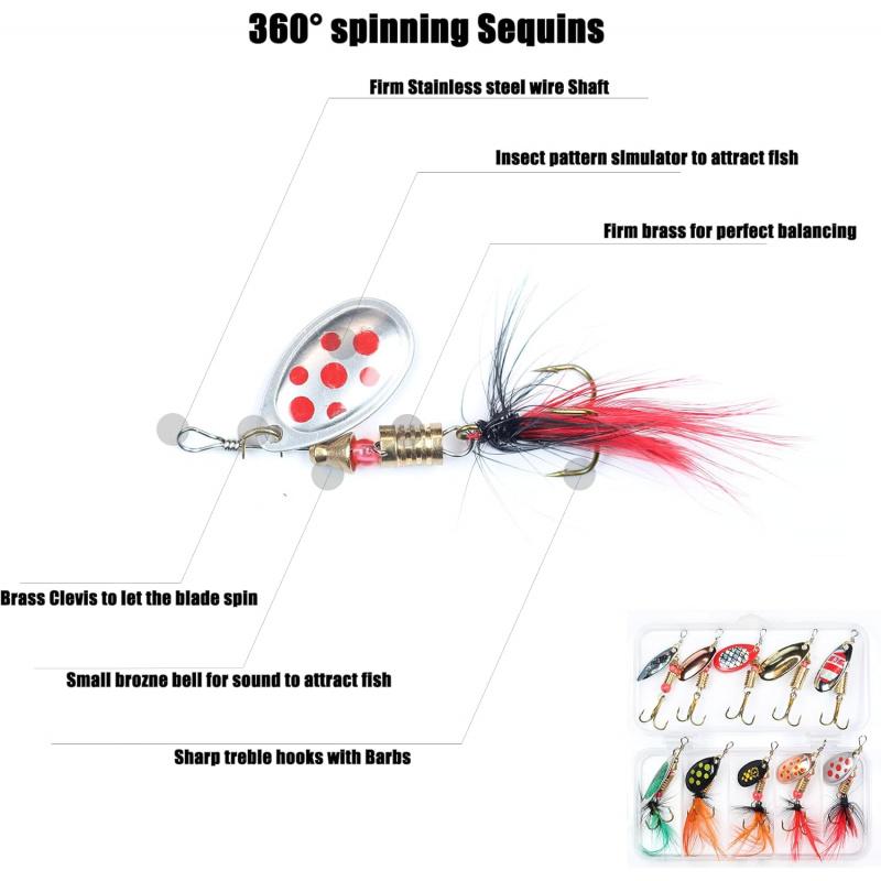 10Pcs Rotating Feather Fake Bait Rooster Tail 10cm with High Carbon Steel F.5g Special Storage Box for Bass And Salmon Fishing