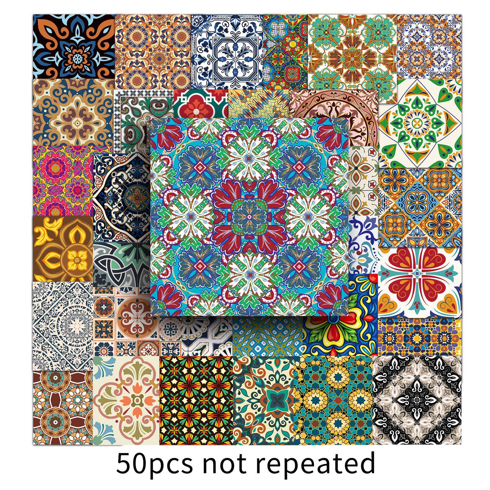 50 Retro Floral Tile Graffiti Waterproof Stickers for Phone Cases and Suitcases.
