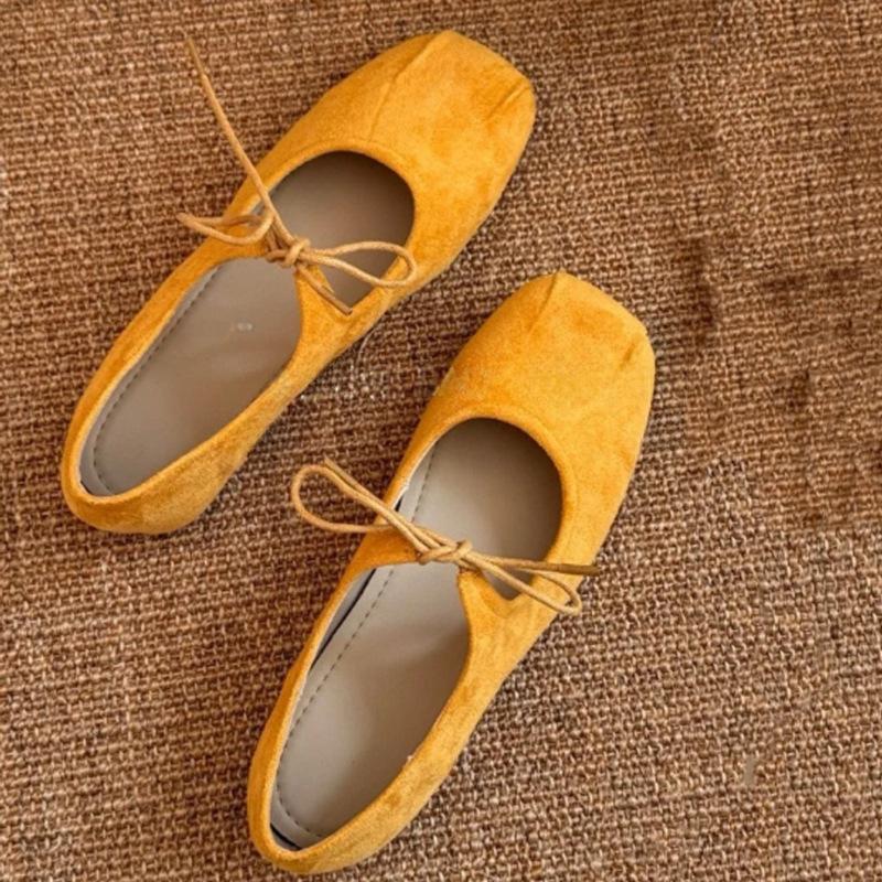 Inner Height Increase 5cm Lace-up Bow Single Shoes Women's Versatile Flat-bottomed Retro Square Head Soft-soled Ballet Shoes