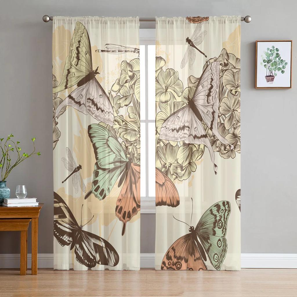 Dragonfly Flowers Curtain Living Room Voile Window Blinds Bedroom Tulle Drape Kitchen Cortinas Hall Curtains Light Filtering Polyester Ideal For Great