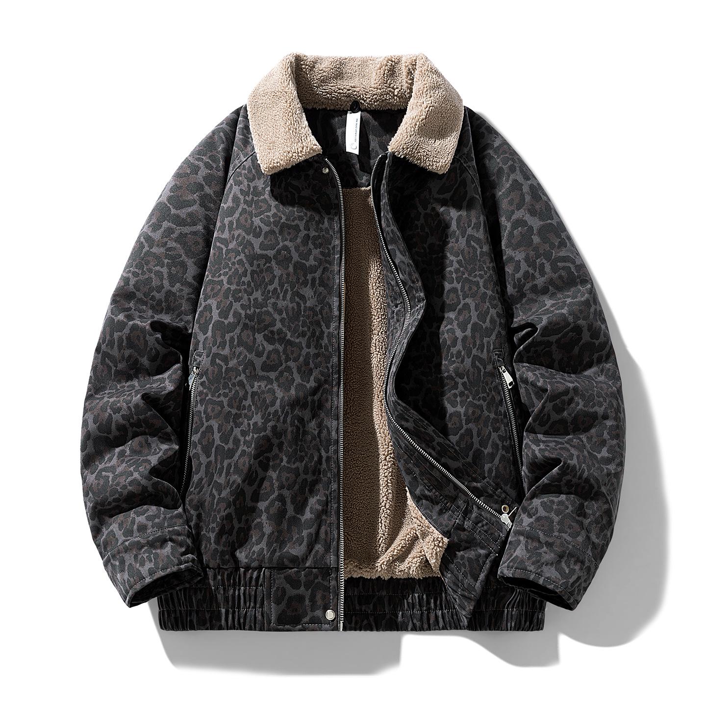 

Leopard Print Retro Lambswool Lapel Thickened Cotton Padded Jacket XXL сірий колір