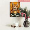 Metal Wall Art Cat with Coffee for Living Room