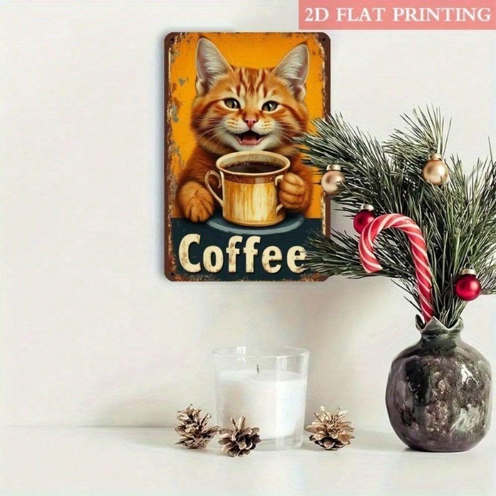 Metal Wall Art Cat with Coffee for Living Room