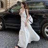 Elegant White Spaghetti Strap Summer Dress for Tall Women with Waist-Cinched Slimming Design and Flowing Mid-Length Hem