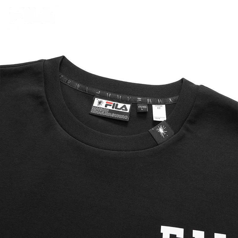 FILA Mihara Yasuhiro Collaboration Letter Pattern Faux Two-Piece Loose Casual Round Neck Long Sleeve T-Shirt Men Tops Black F11M213212F-BK