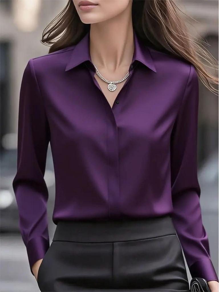 Autumn Women's Solid Color Satin Lapel Long Sleeve Versatile Shirt
