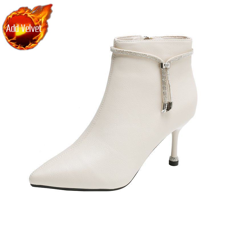 Fashion Booties Pointed Toe Black Heeled Short Shoes for Women Very High Heels Rhinestone Footwear Female Ankle Boots Work Trend 2024 Pu