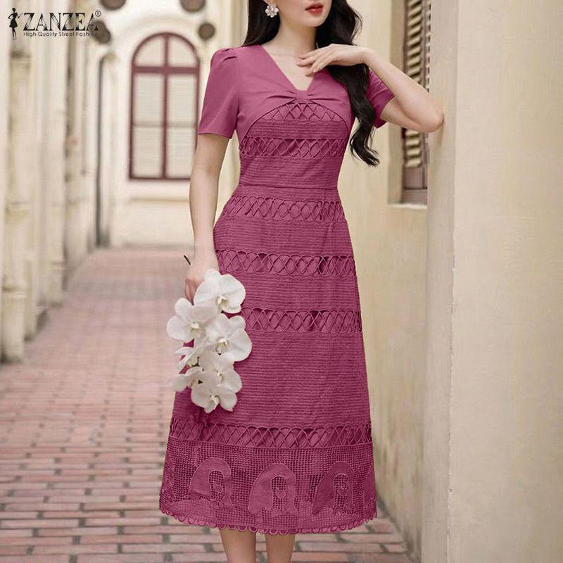 ZANZEA Elegant Women V Neck Short Sleeve Front Lace Crochet Splicing Casual Long Dress Nonelastic